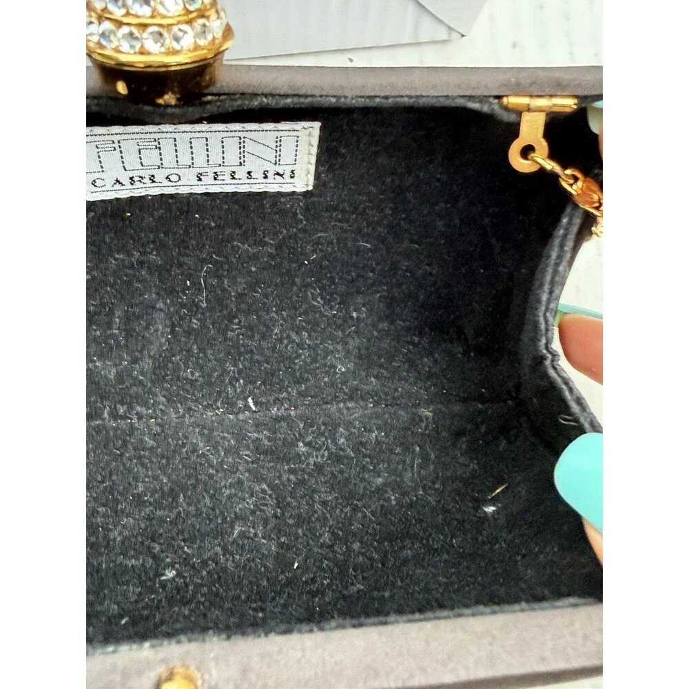 Vintage Carlo Pellini Black Satin Evening Clutch Purse Gold Chain Rhinestone